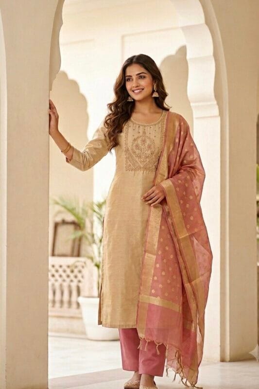 Royal Beige And Pink Ensemble Kurti Set Sri Lanka