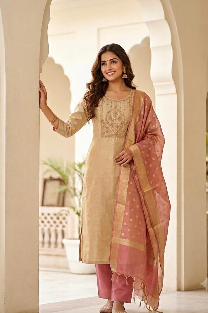 Royal Beige And Pink Ensemble Kurti Set Sri Lanka