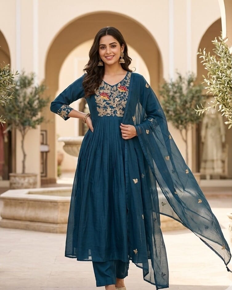 Navy Blue Chanderi Silk Suit Sri Lanka