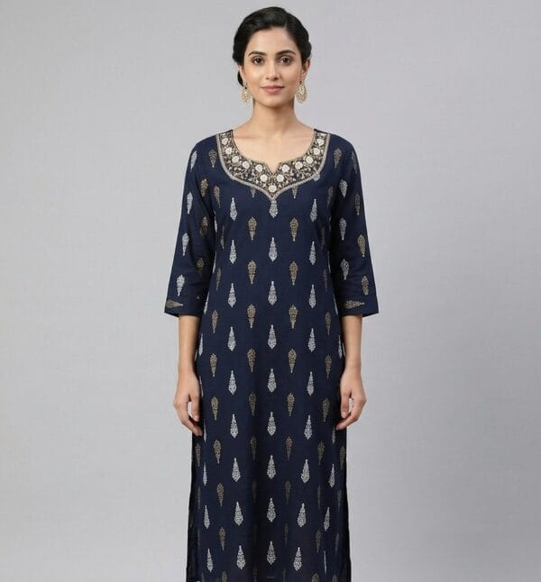 Navy blue Neck Line Embroidered Charm Kurti Sri Lanka
