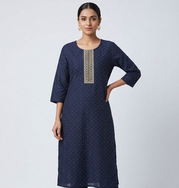Navy Blue Neckline Teardrop Grace Printed Kurti Sri Lanka
