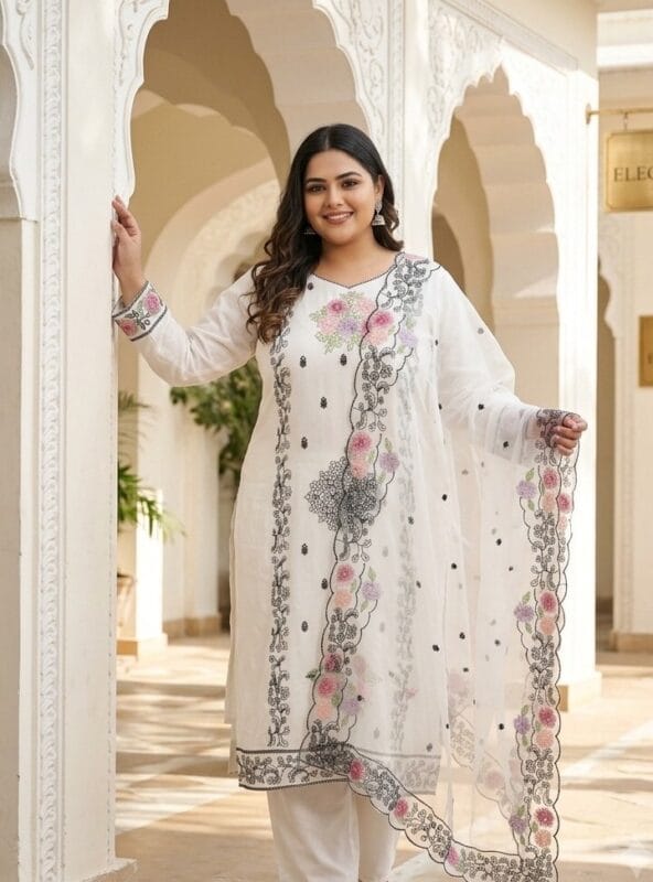 White Embroidered Plus Size Kurti Set Sri Lanka