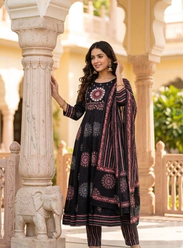 Modest Black Printed Anarkali Kurti Sri Lanka
