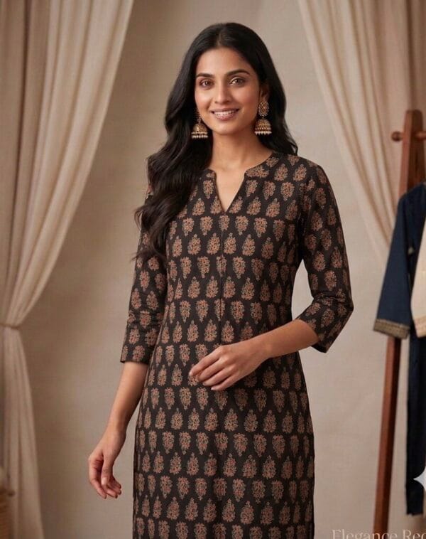 Brown Floral Motif Printed Straight Kurti Sri Lanka