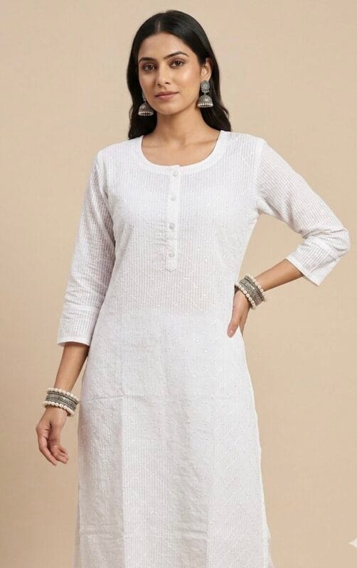 Plain White Embroidered Sequins Work Kurti Sri Lanka