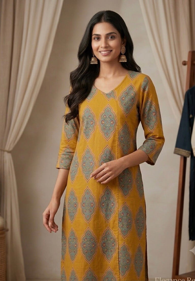 Women's Mustard Yellow Ethnic Print Kurti Sri Lanka