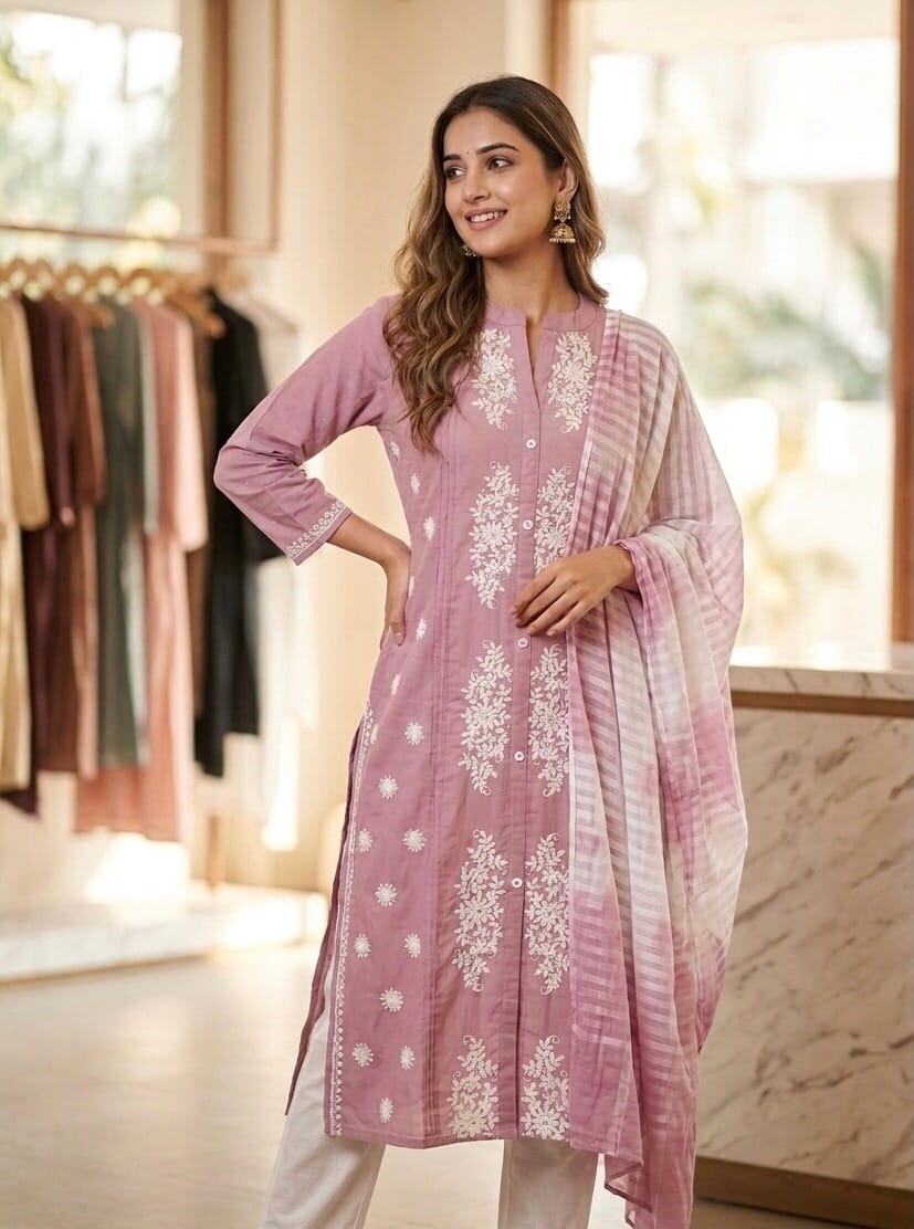 Lavender Bloom Embroidered Set Kurti Sri Lanka