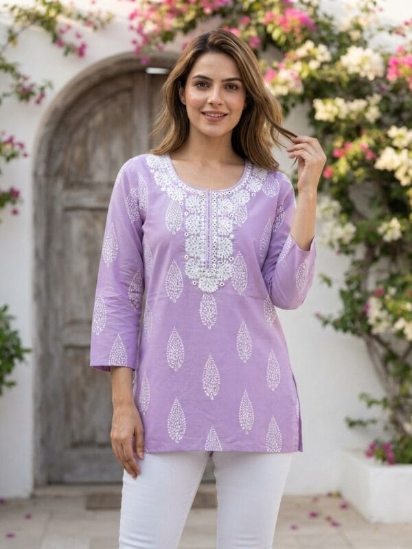 Lavender Purple Neckline Embroidered Short Kurti Sri Lanka