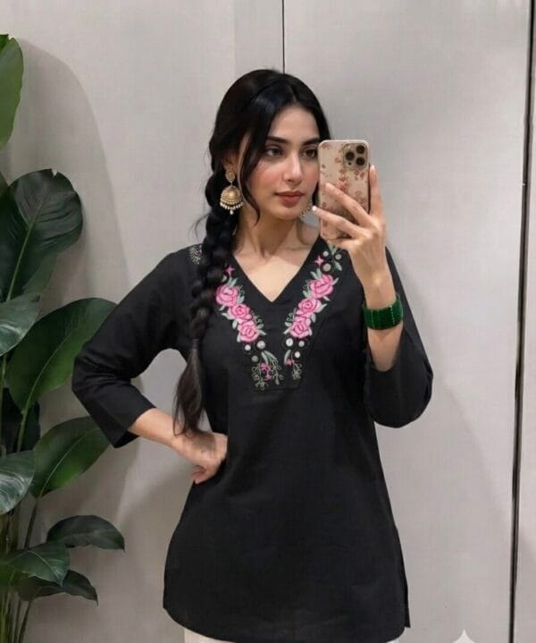 V Neck Neckline Embroidered Short Kurti Sri Lanka
