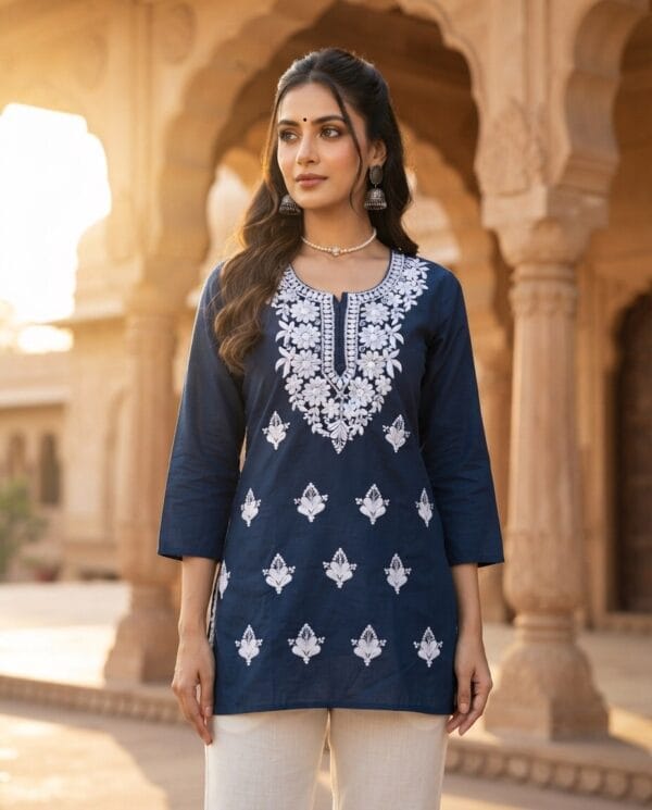Blue Neckline Embroidered Short Kurti Sri Lanka