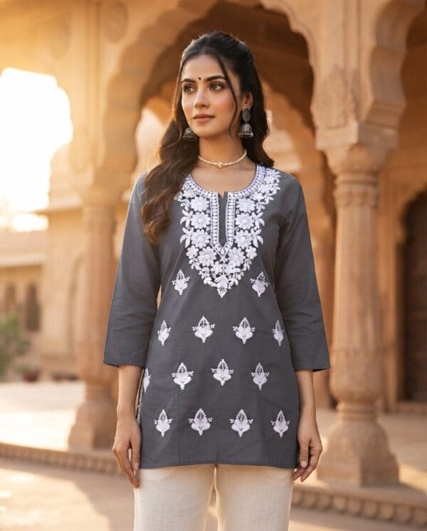 Grey Neckline Embroidered Short Kurti