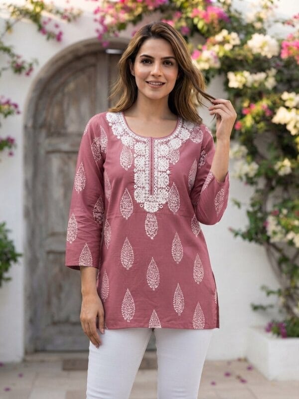 Onion Pink Neckline Embroidered Short Kurti Sri Lanka