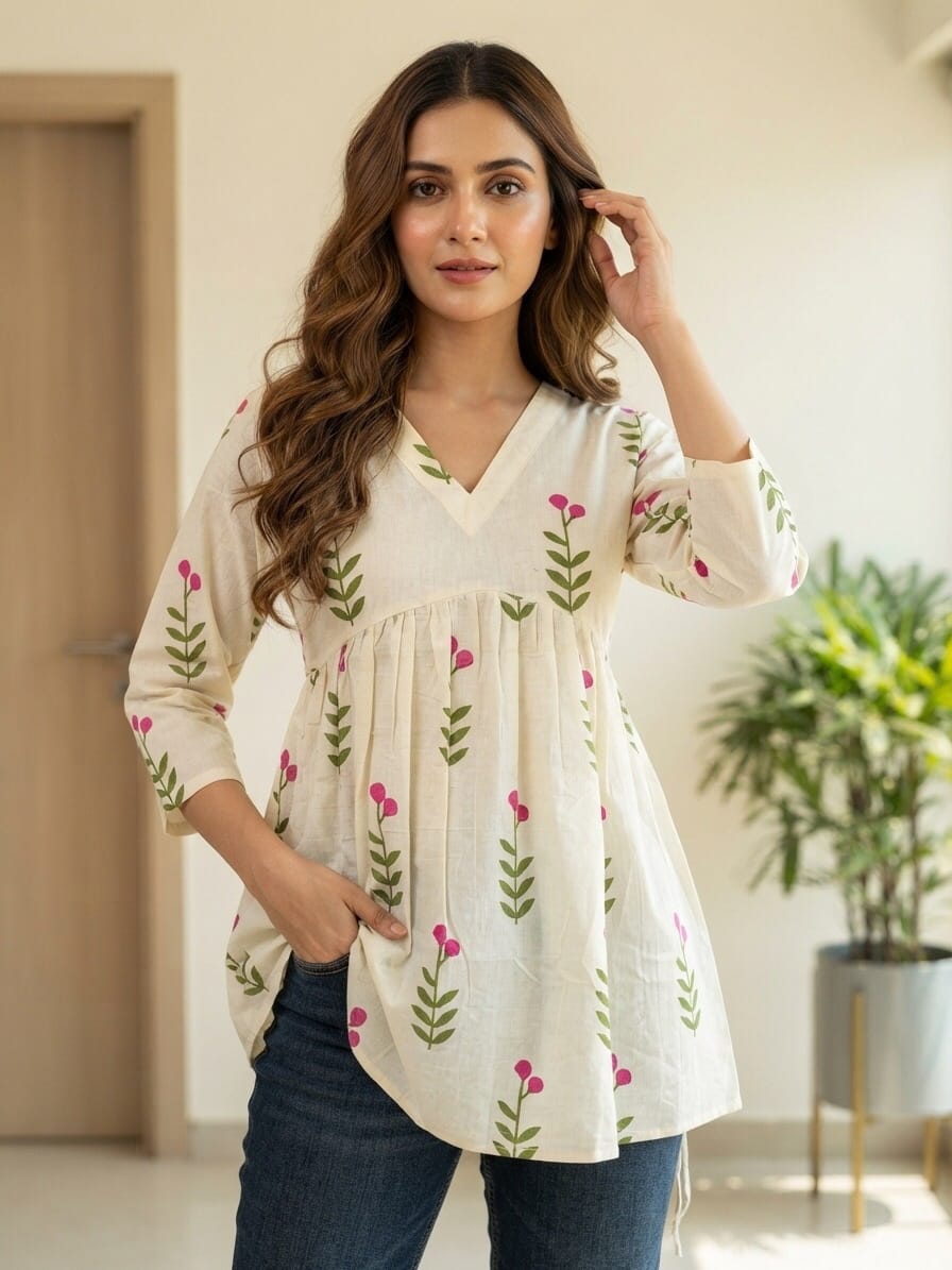 Off White Floral Alia Cut Short Kurti Sri Lanka