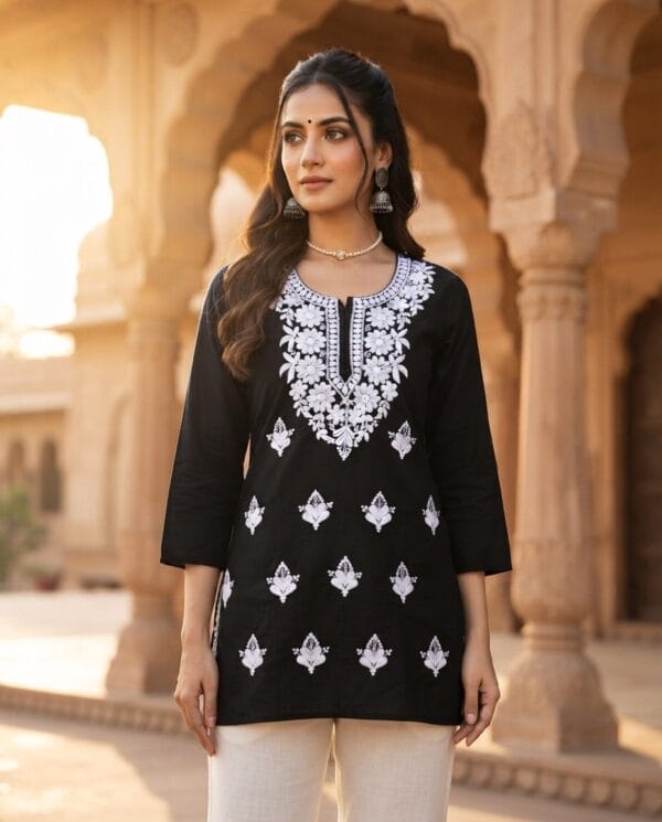 Black Ethnic Neckline Embroidered Short Kurti Sri Lanka