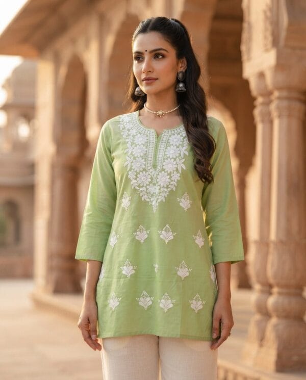 Mint Green Neckline Embroidered Short Kurti Sri Lanka