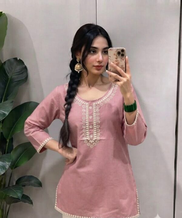 Baby Pink Neckline Embroidered Short Kurti Sri Lanka