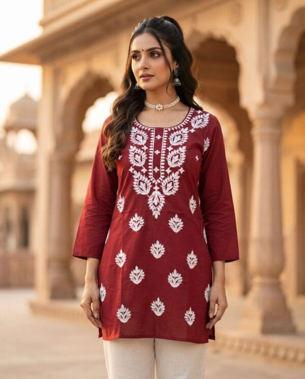 Red Neckline Embroidered Short Kurti Sri Lanka