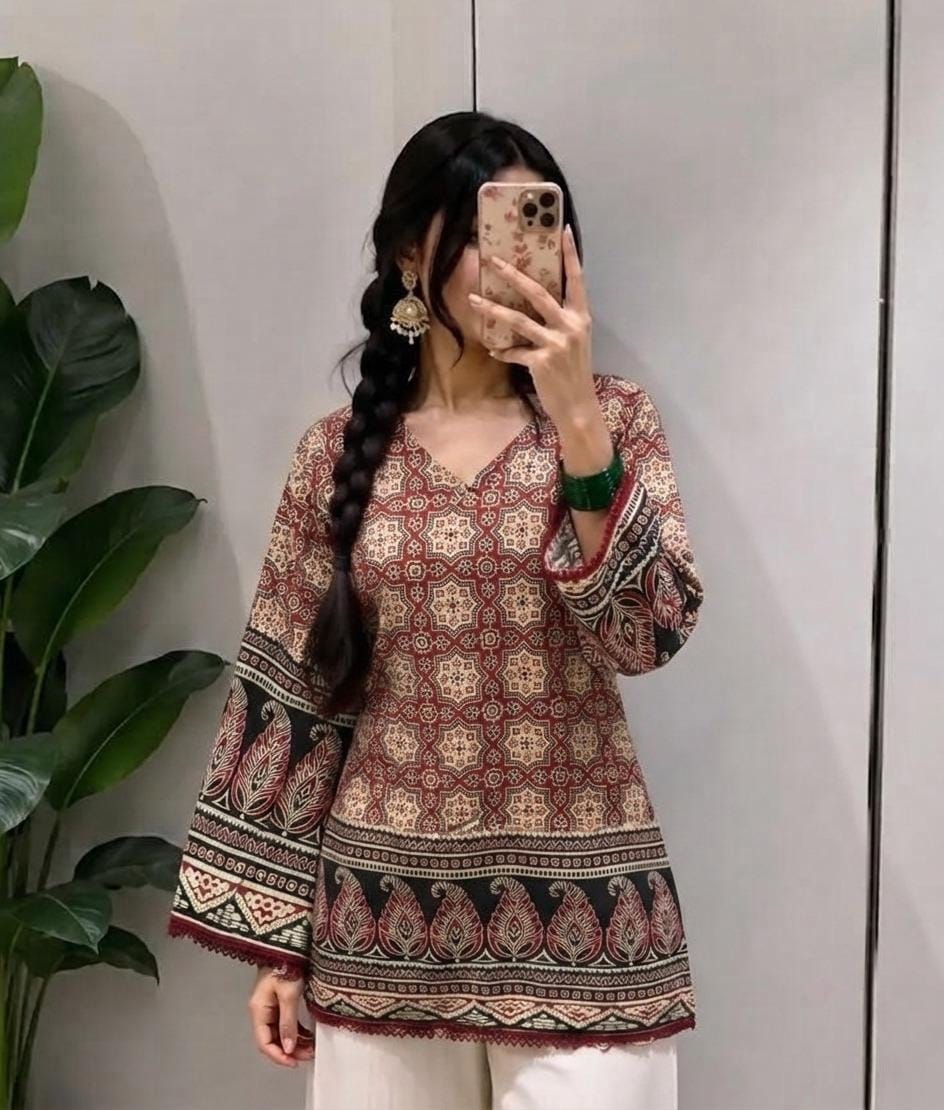 Ajrakh Print Classic Pakistani Sleeve Kurti Sri Lanka