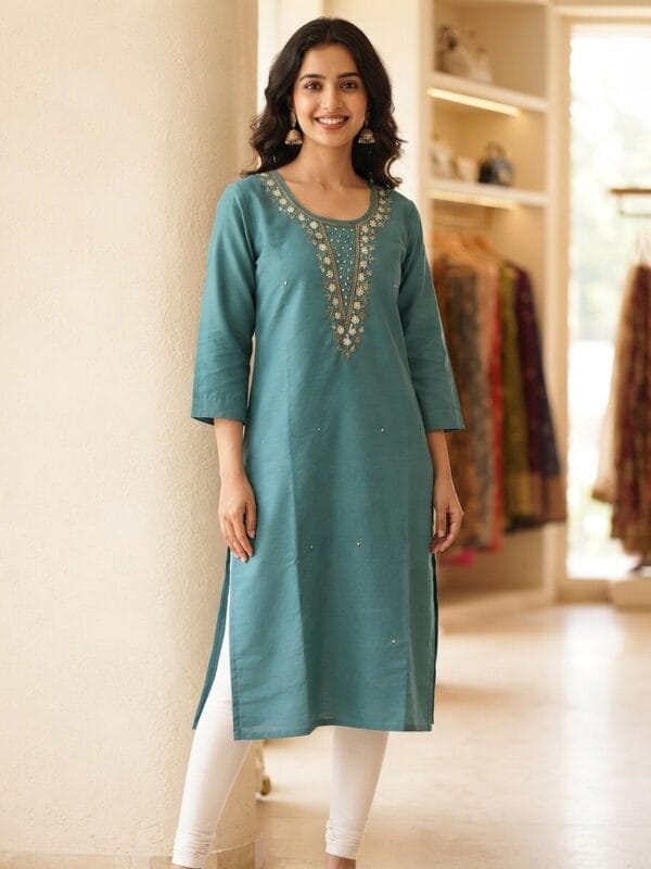 Teal Grace Embroidered Kurti Sri Lanka