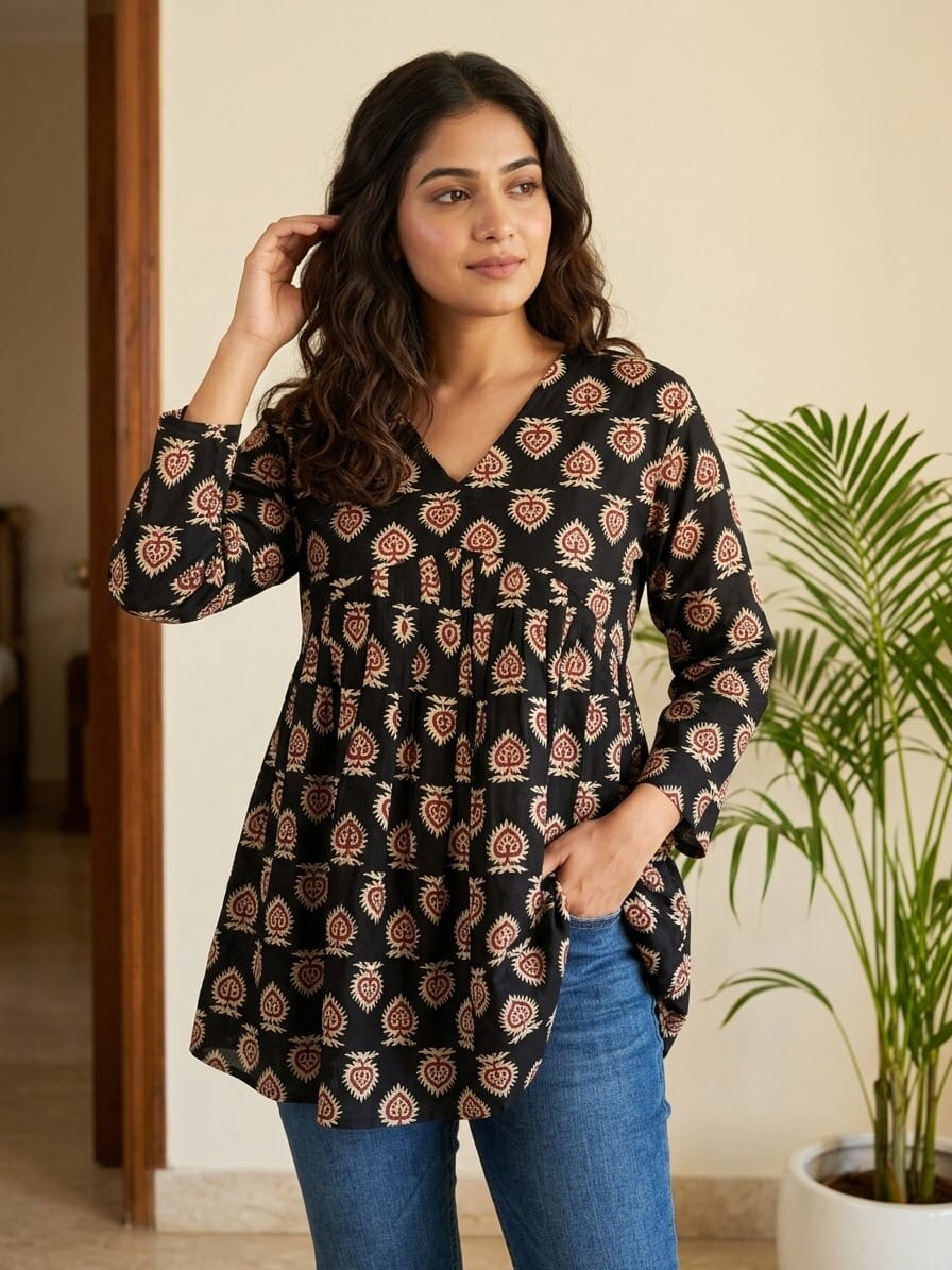 Handblock Full Sleeve Alia Cut Short Kurti Sri Lanka