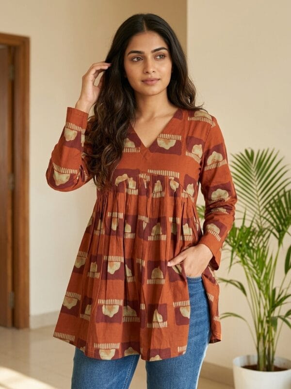 Orange Handblock Alia Cut Short Kurti Sri Lanka