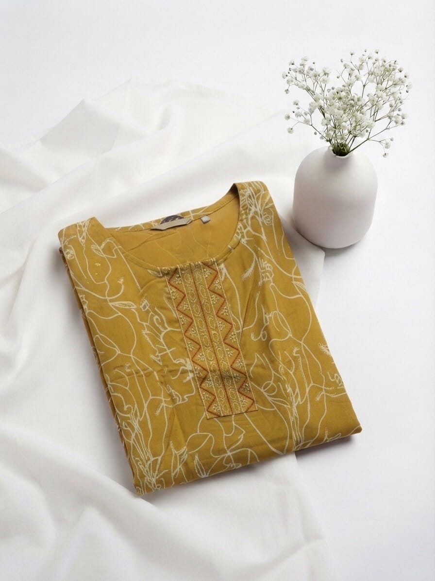 Mustard Muse Neckline Embroidered Kurti - image 2 Sri Lanka
