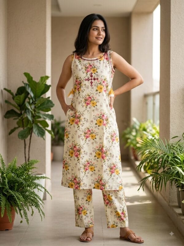 White Flora Mul Cotton Co-Ord Set Sri Lanka