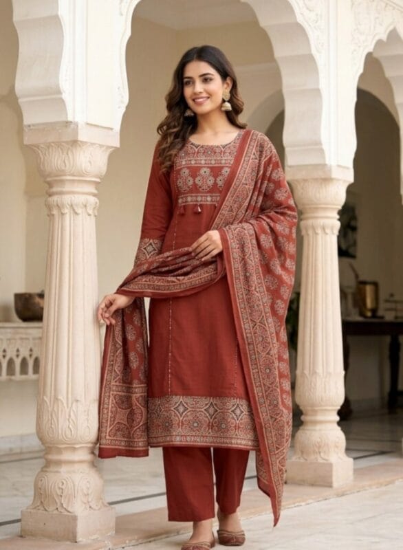 Rust Orange Printed Mul Cotton Set Sri Lanka
