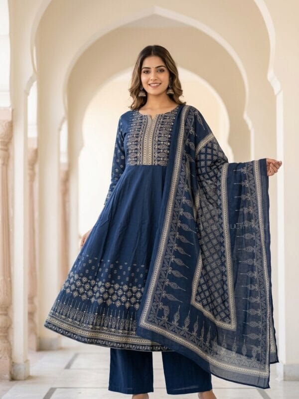 Royal Blue Printed Anarkali Set Kurti