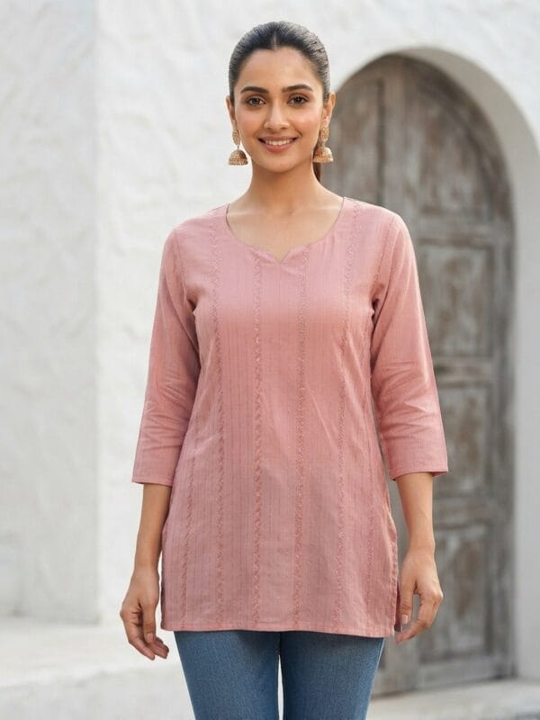 Charm Round Neck Embroidered Short Kurti