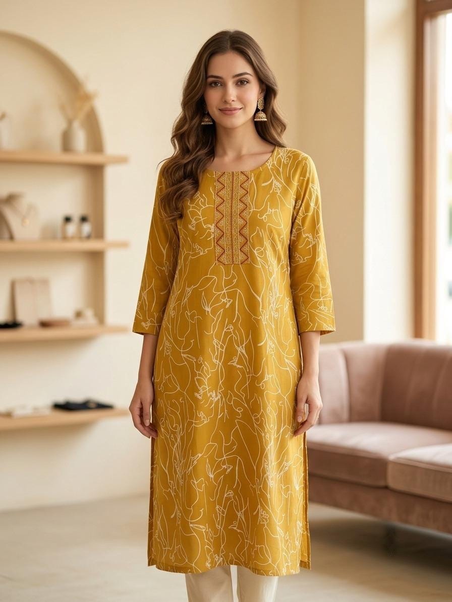 Mustard Muse Neckline Embroidered Kurti Sri Lanka