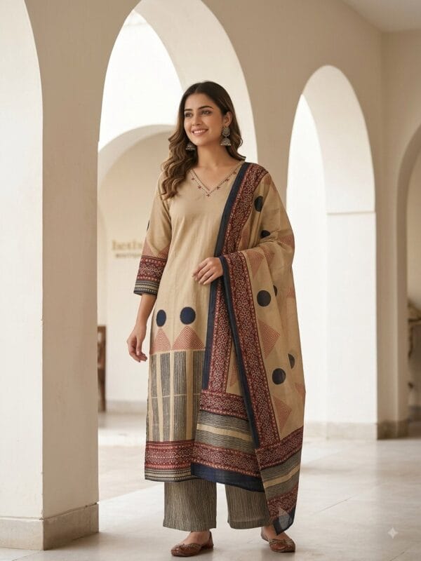 Beige And Deep Blue Printed Mul Cotton Set Kurti Sri Lanka