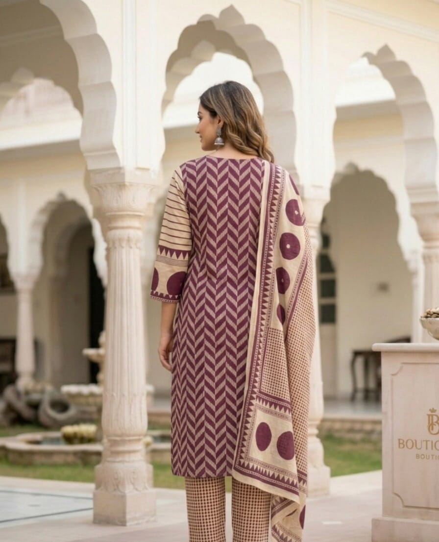 Beige With Purple Block Print Mul Cotton Set Kurti - image 2 Sri Lanka