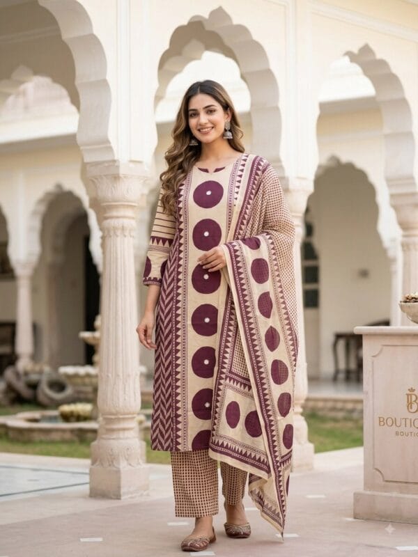 Beige With Purple Block Print Mul Cotton Set Kurti Sri Lanka