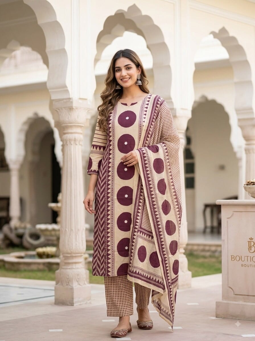 Beige With Purple Block Print Mul Cotton Set Kurti Sri Lanka