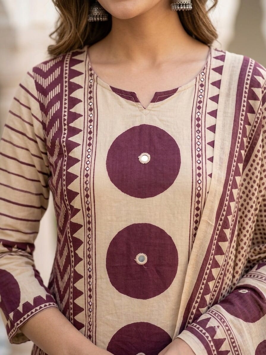 Beige With Purple Block Print Mul Cotton Set Kurti - image 3 Sri Lanka