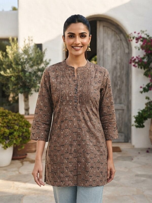 Brown Straight Cut Printed Short Kurti Sri Lanka