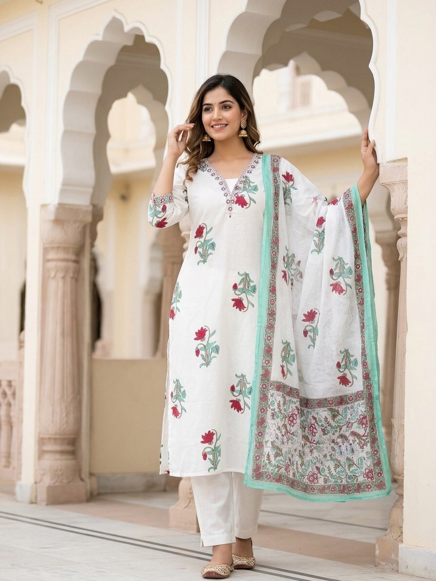 Pearl White Neck Line Embroidered With Mirror Work Set Kurti Sri Lanka