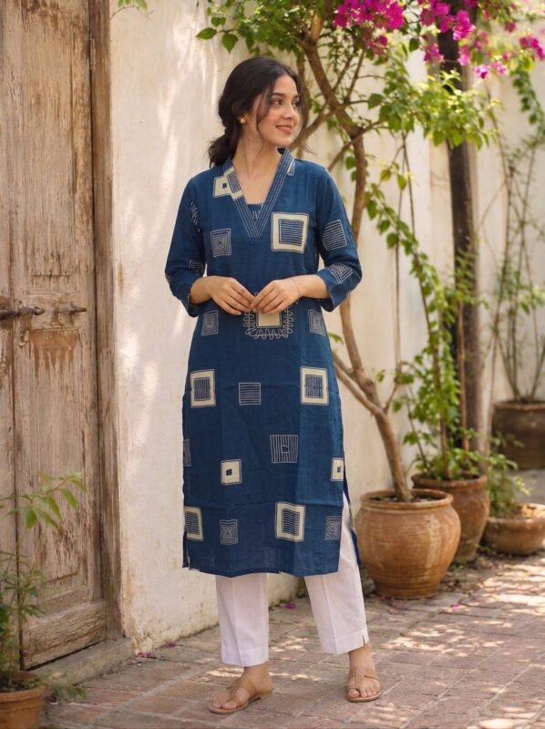 Navy Blue Cotton Block Printed Casual Wear Sri Lanka