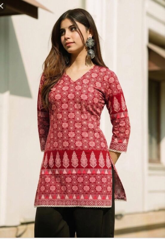 Berry Red Block Print Casual Short Kurti Sri Lanka