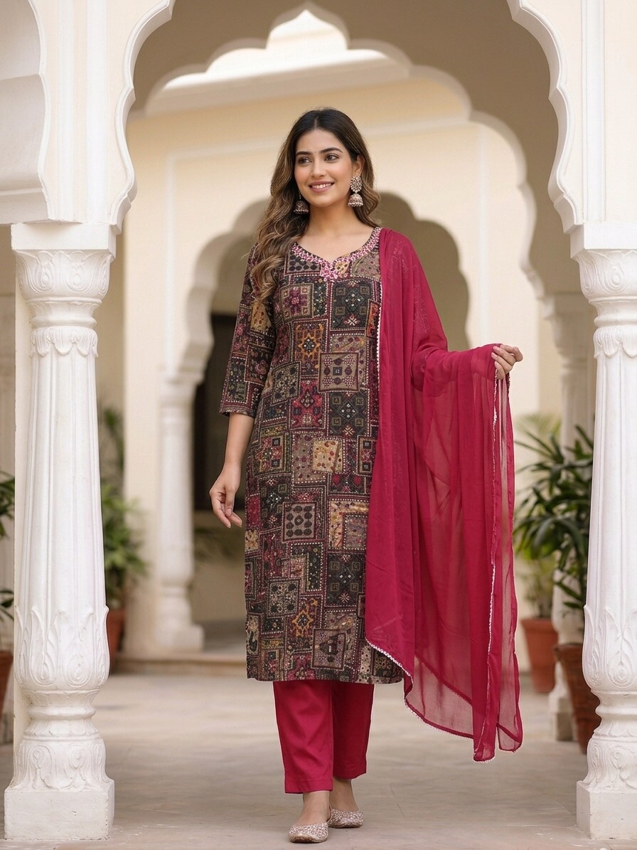 Charm Printed Original Mirror Work Straight Cut Kurti Sri Lanka