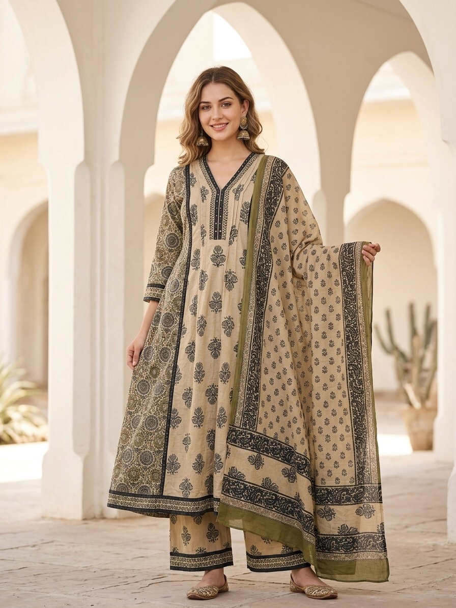 Beige Elegant Pure Cotton Plzzo Set Kurti Sri Lanka