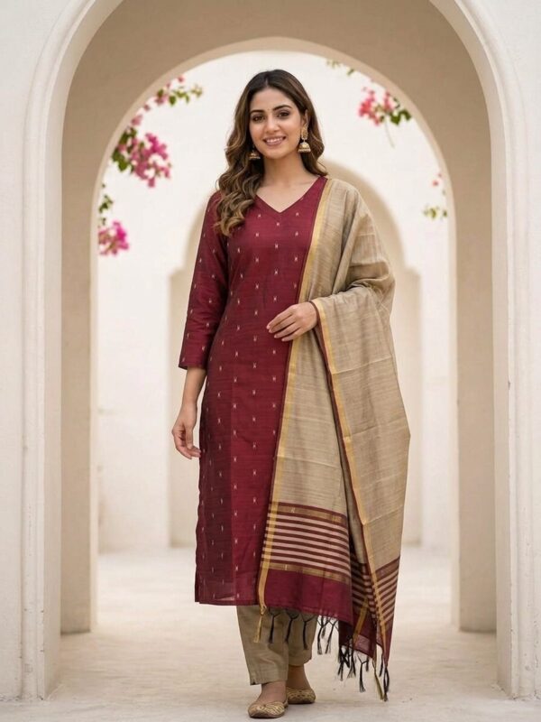 Deep Maroon V-Neck Raw Silk Suit Sri Lanka