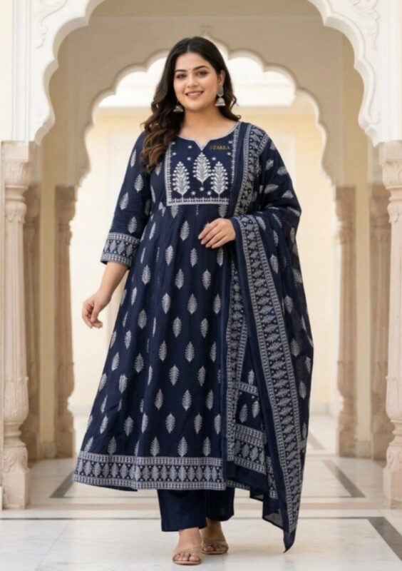 Navy Blue Neckline Embroidered Plus Size Anarkali Suit Sri Lanka