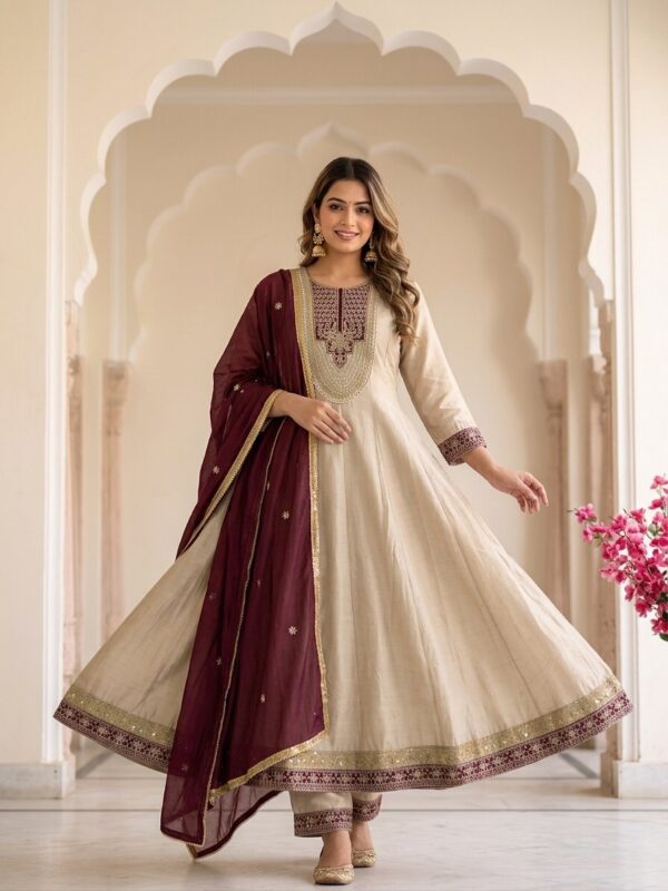 Imperial Ivory Neckline Embroidered Anarkali With Grape Dupatta Sri Lanka