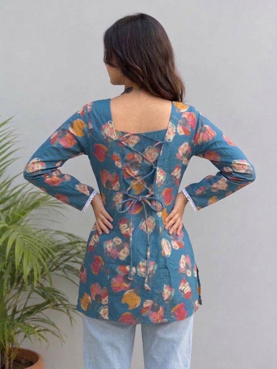 Square Neck Adjustable Tie Back Short Kurti - image 2 Sri Lanka