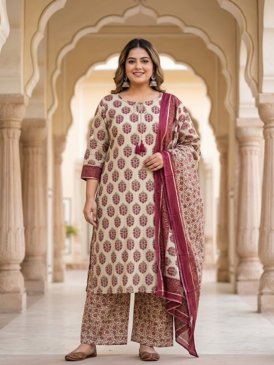 Charm Printed Mul Cotton Plus Size Straight Cut Kurti Set Sri Lanka