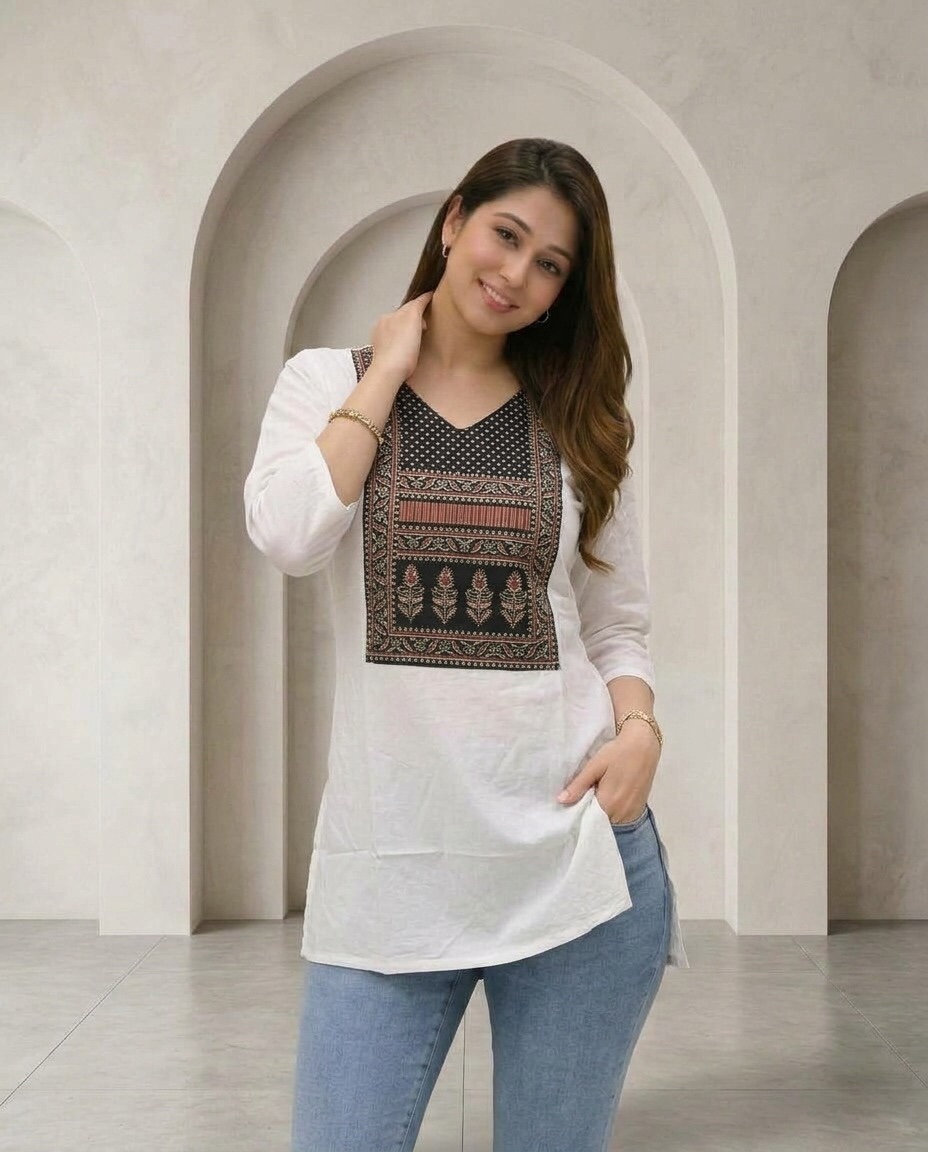Pure White Cotton Ajrakh Print Short Kurti Sri Lanka