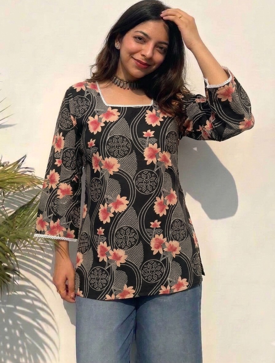 Square Neck Floral Elegant Short Kurti Sri Lanka