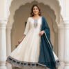 Pearl White Aline Anarkali With Blue Dupatta Sri Lanka